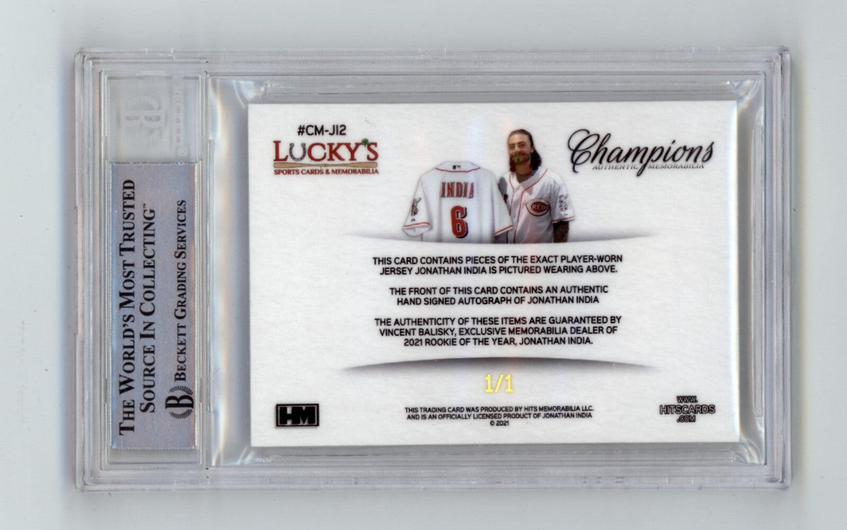 Jonathan India 2021 Hits Memorabilia Champions Gold Patch Dual Auto #1/1 RC BGS