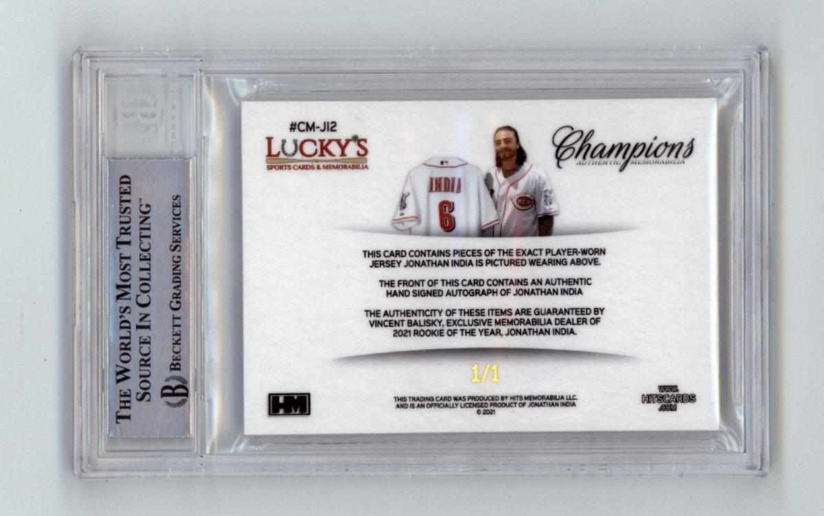 Jonathan India 2021 Hits Memorabilia Champions Gold Patch Dual Auto #1/1 RC BGS