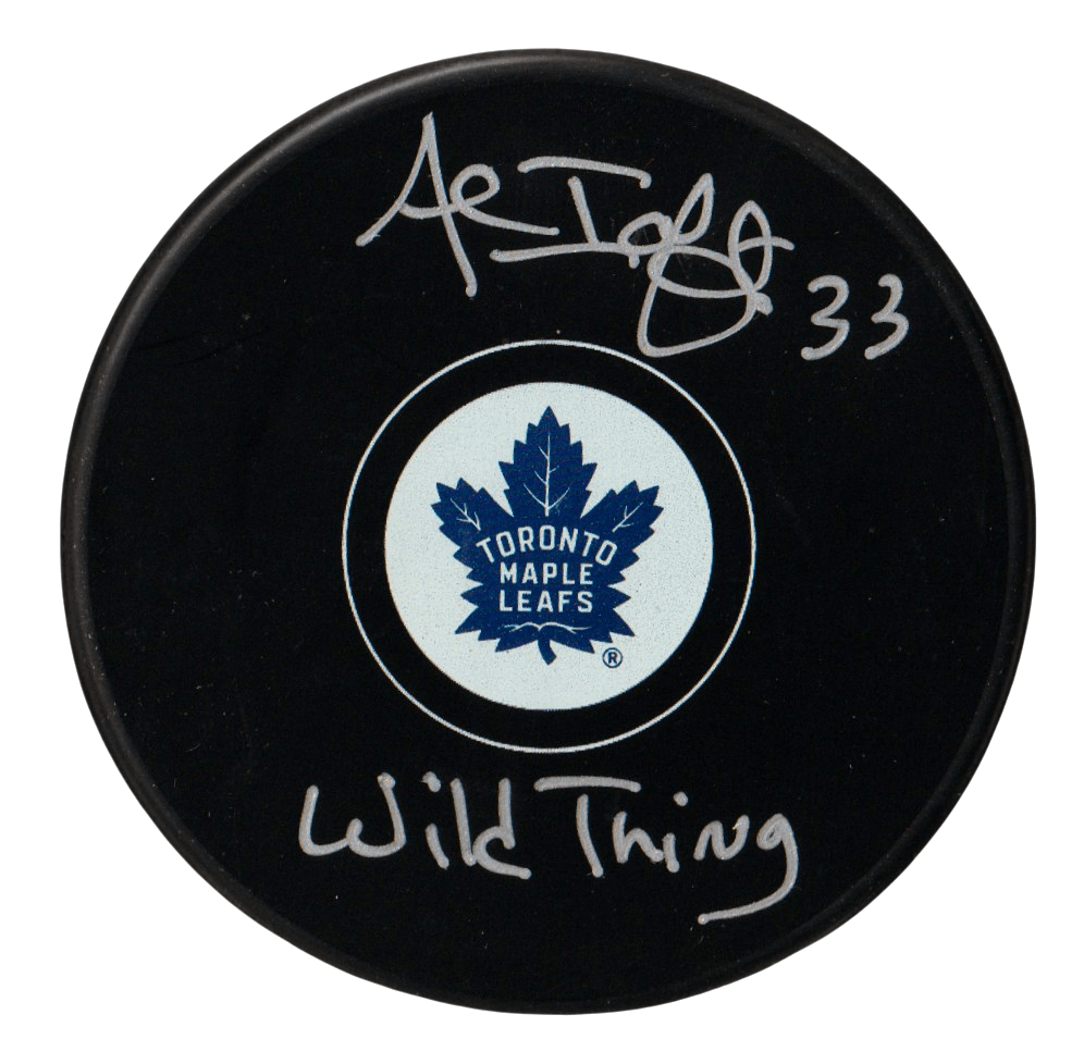 Al Iafrate Signed Maple Leafs Logo Puck w/ Wild Thing Beckett Witness BAS COA