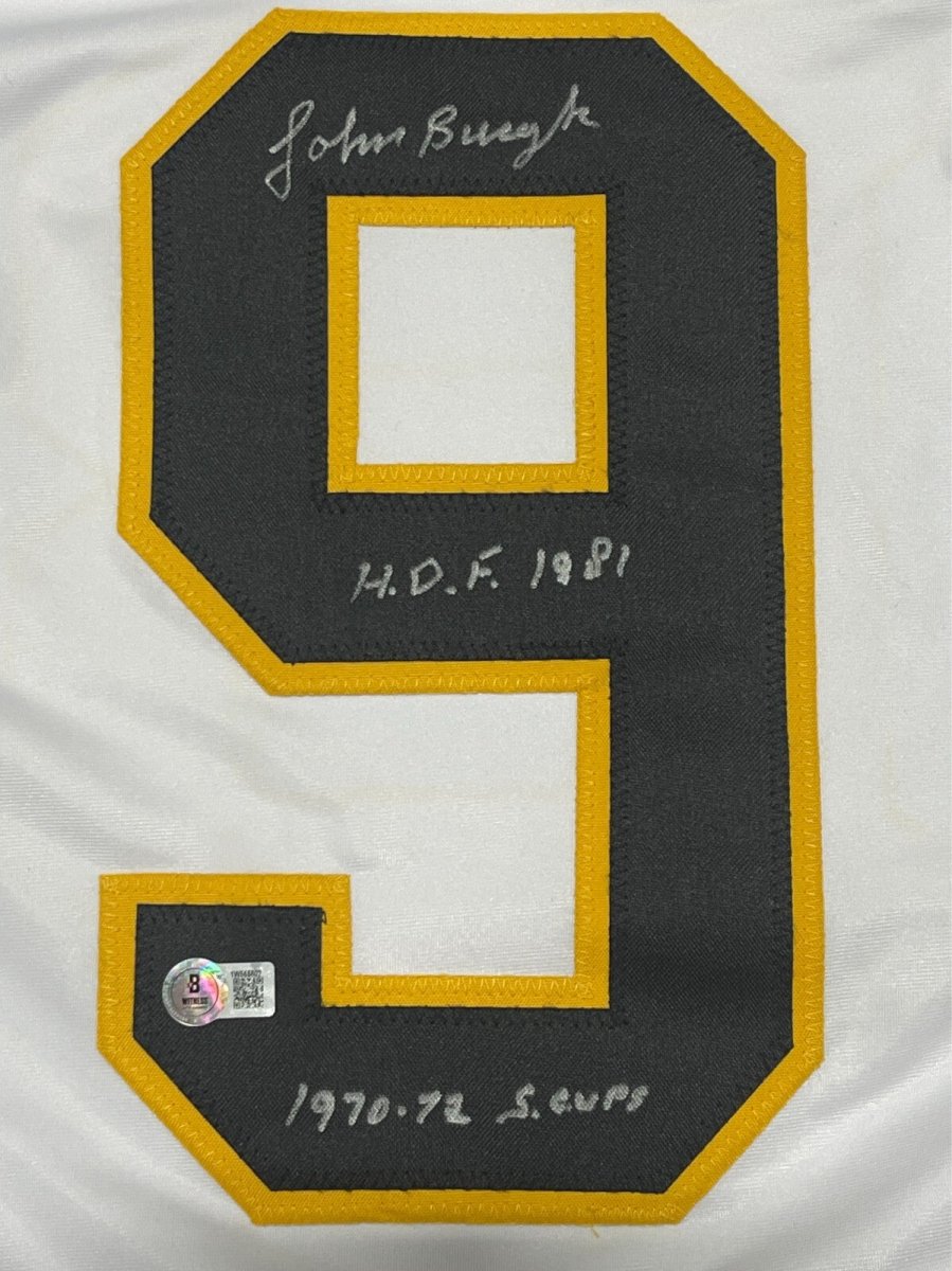 Johnny Bucyk Signed Boston Bruins Custom Jersey w/ HOF + SC Beckett BAS COA