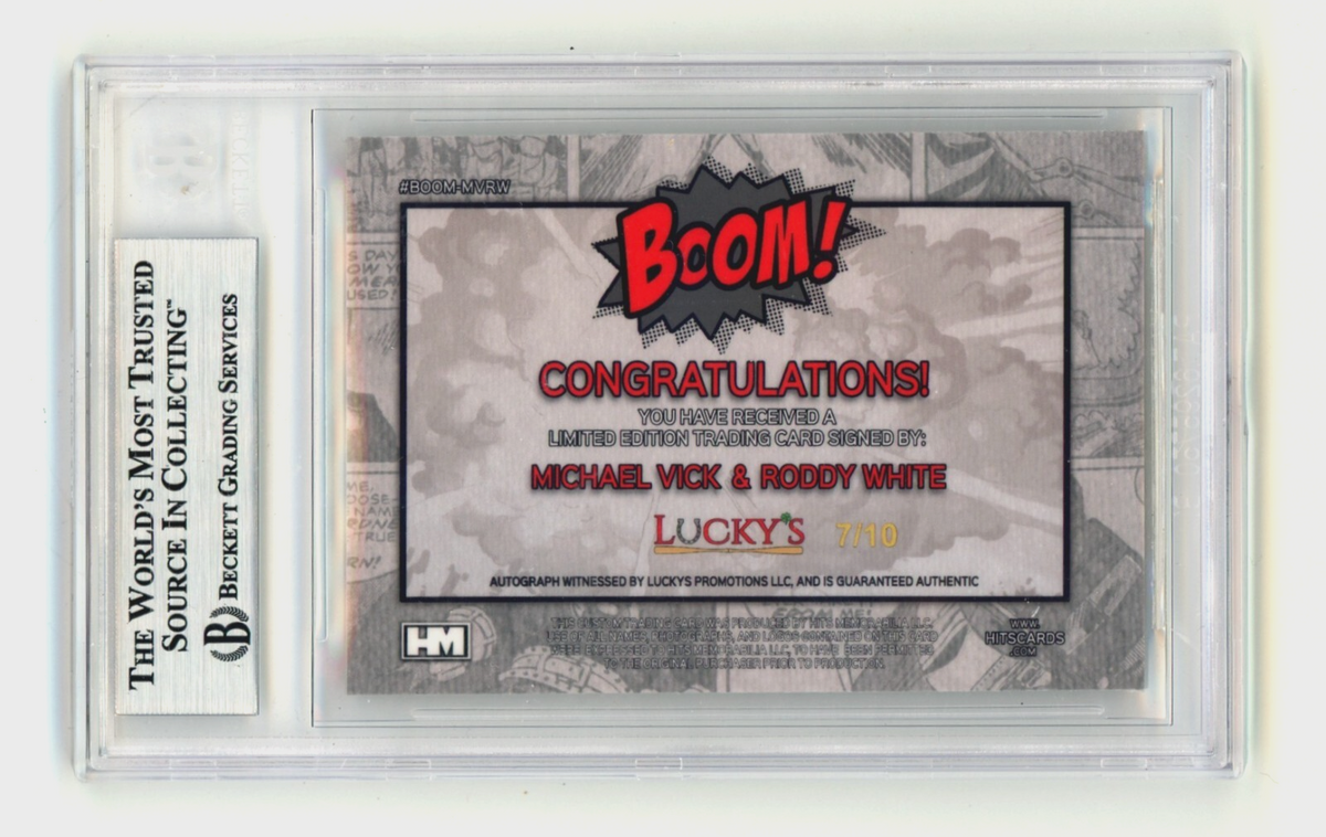 Michael Vick &amp; Roddy White 2024 Hits Mem BOOM Gold MV JSY # 7/10 Signed BGS Auto