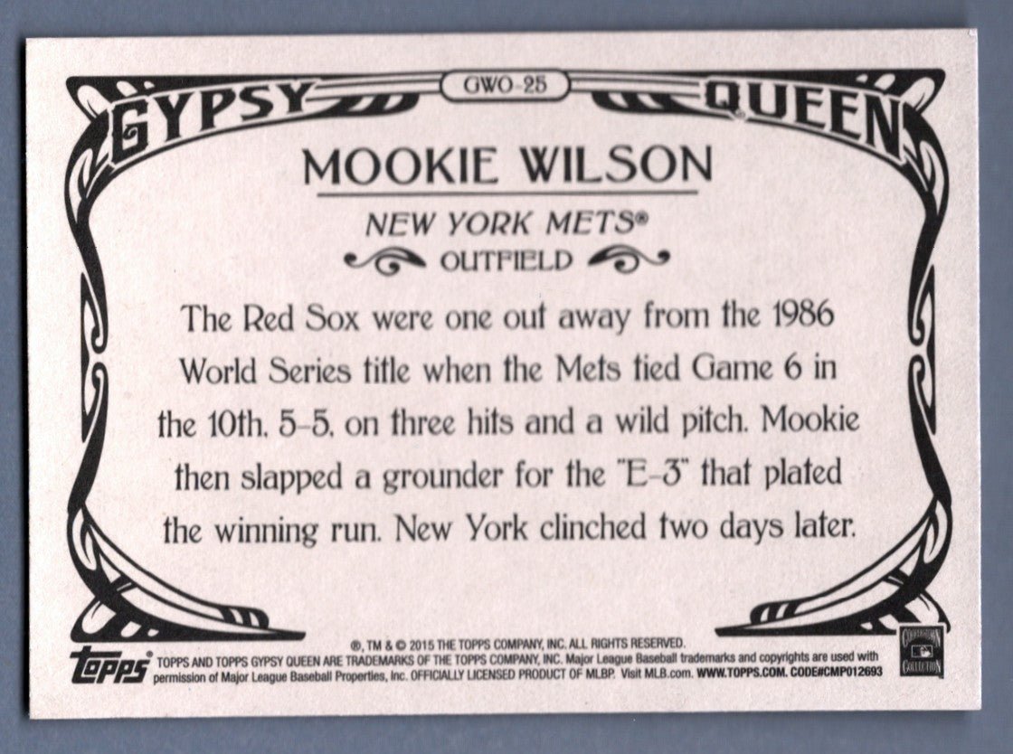 Mookie Wilson Signed 2015 Topps Gypsy Queen #GWO-25 w/ 86 WSC LSCM COA NY Mets