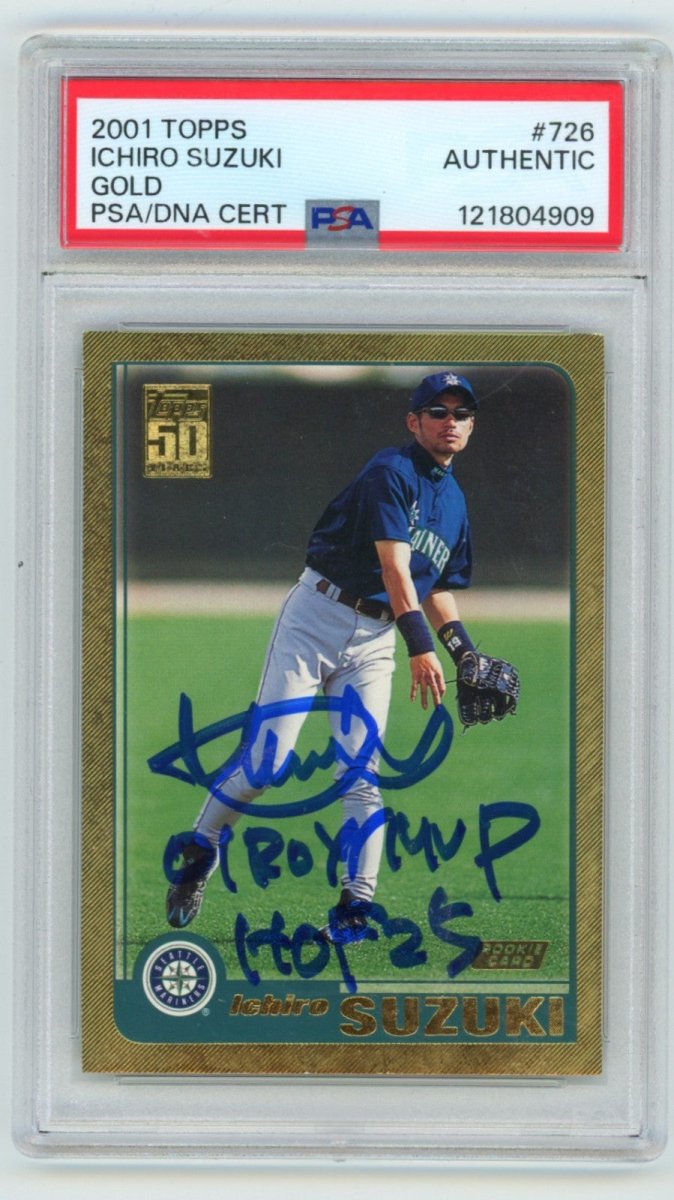 Ichiro Suzuki 2001 Topps 726 Signed Gold #/2001 Rookie RC w/ 2 Insc PSA Auto HOF