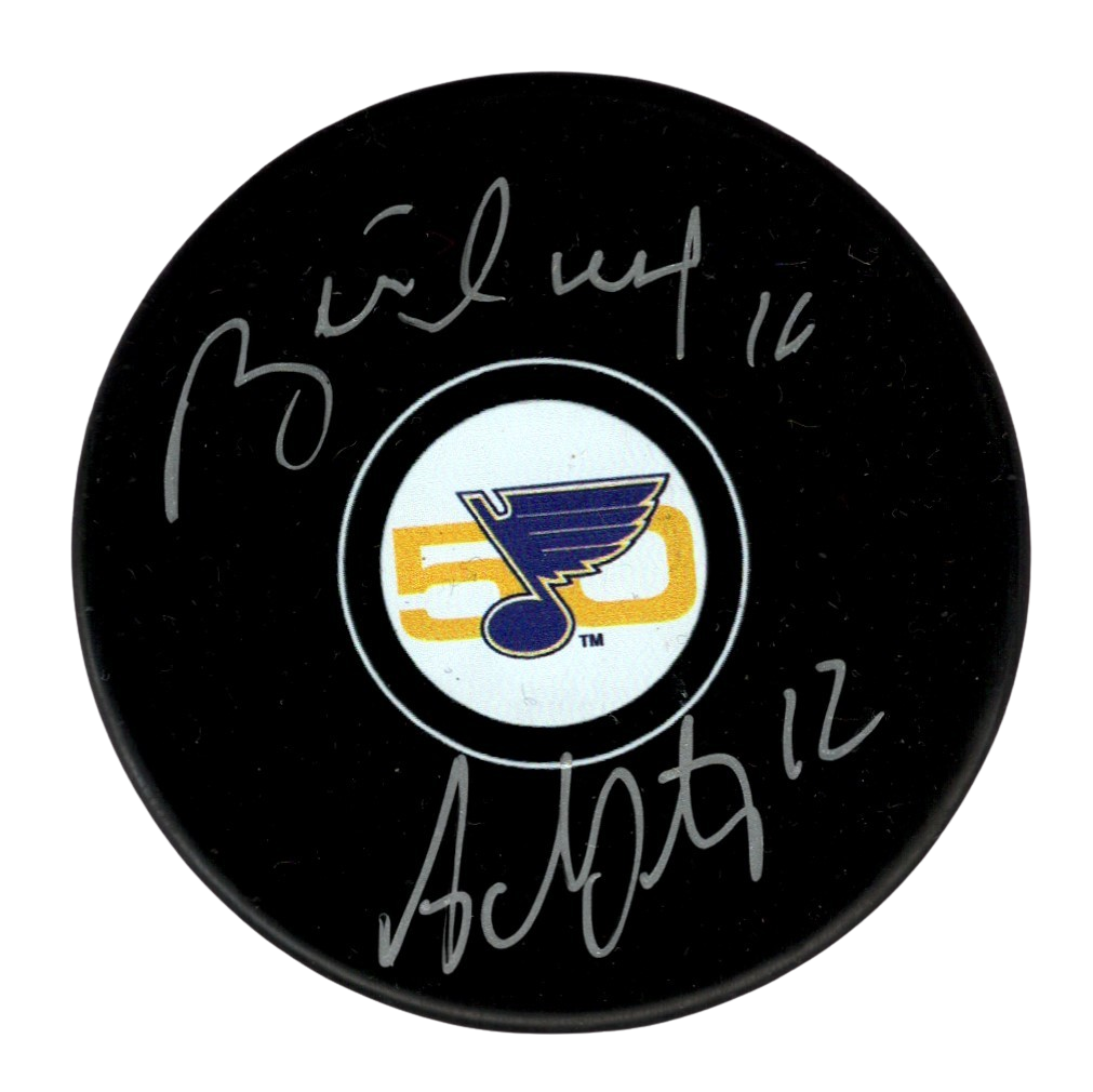 Brett Hull &amp; Adam Oates Signed Auto Blues 50th Anniversary Puck Beckett BAS COA