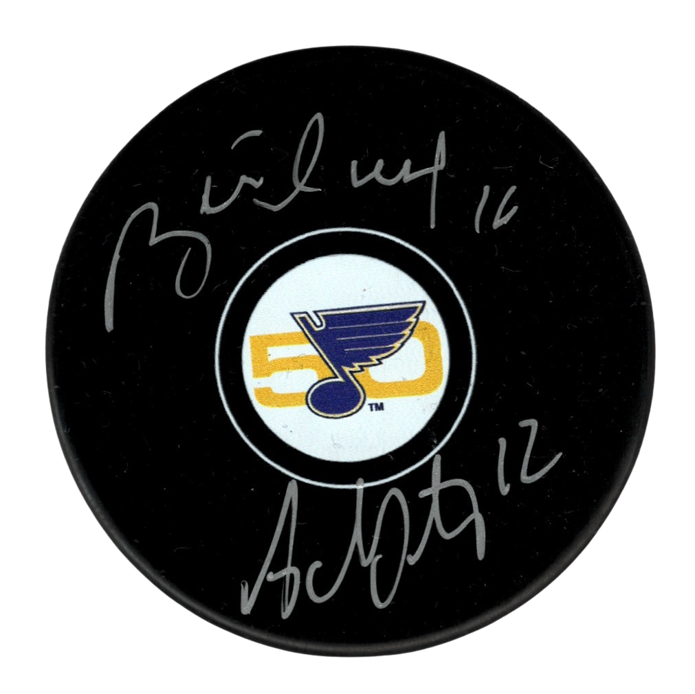 Brett Hull & Adam Oates Signed Auto Blues 50th Anniversary Puck Beckett BAS COA