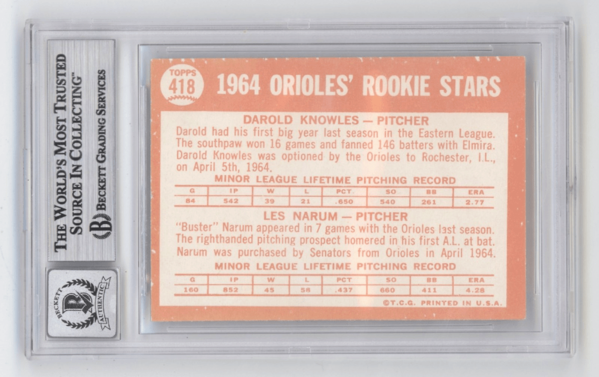 Darold Knowles 1964 Topps #418 Signed Rookie RC w/ 2 Insc. Beckett BGS 10 Auto