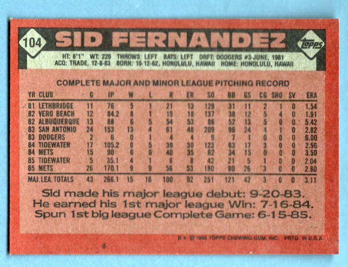 Sid Fernandez Signed 1986 Topps #104 LSCM COA New York Mets