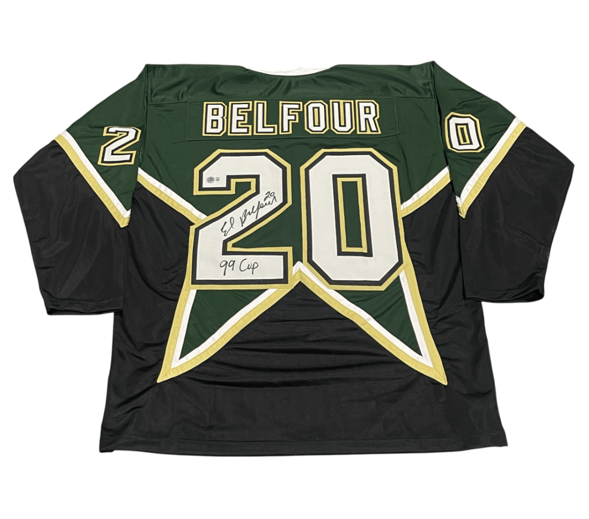Ed Belfour Signed Dallas Stars Custom Jersey w/ 99 Cup Beckett Witness BAS COA