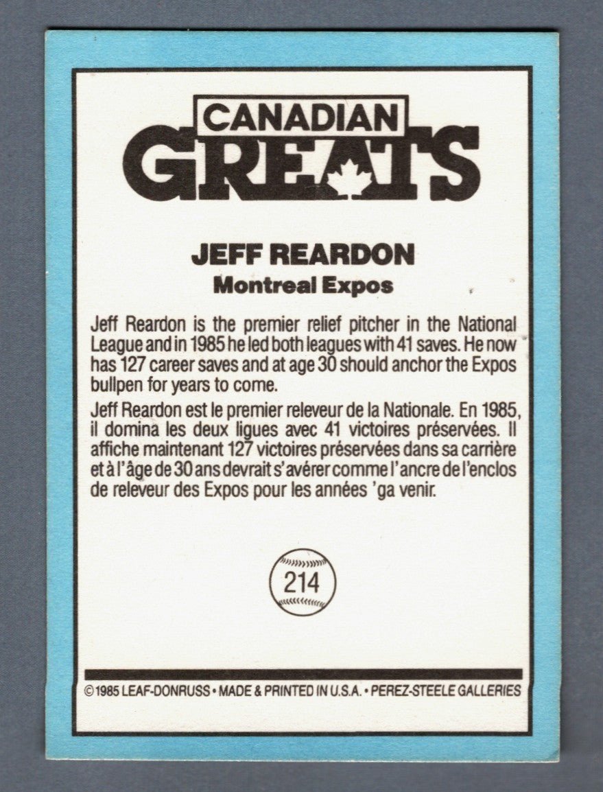Jeff Reardon Signed 1986 Leaf Canadian Greats #214 LSCM COA Expos