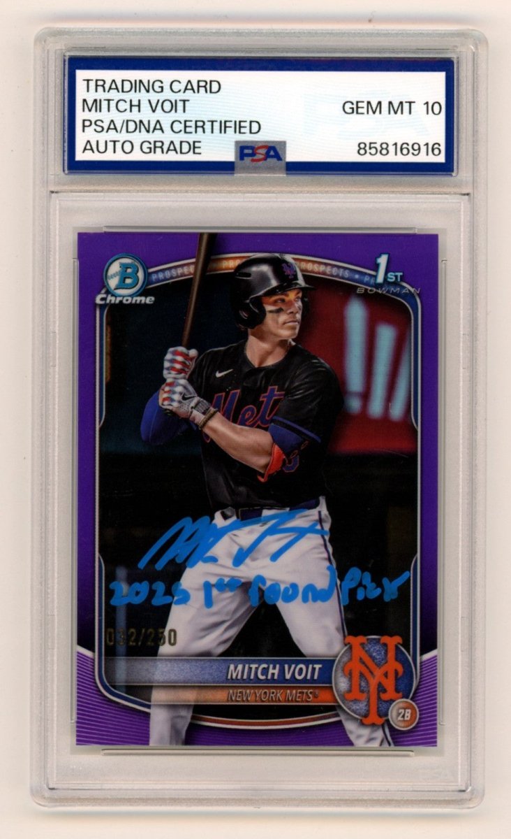 Mitch Voit 2025 Bowman Chrome Signed 1st Purple Ref RC /250 w/ Insc. PSA 10 Auto