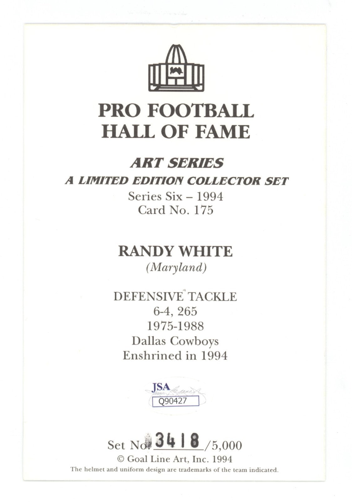 Randy White Signed Auto GLAC Goal Line Art Card /5000 w/ HOF 94 JSA COA Cowboys