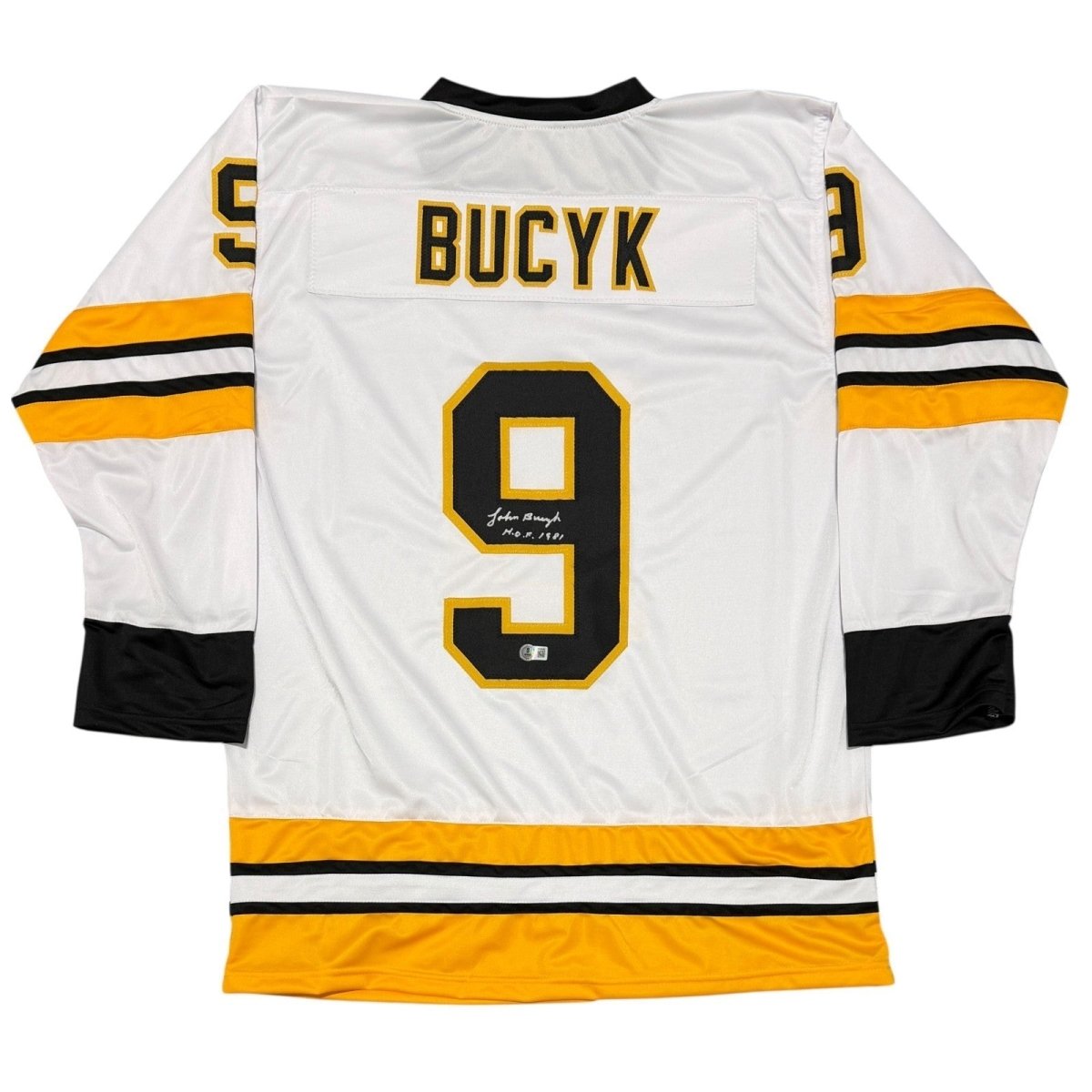 Johnny Bucyk Signed Boston Bruins Custom Jersey w/ HOF 1981 Beckett Wit BAS COA