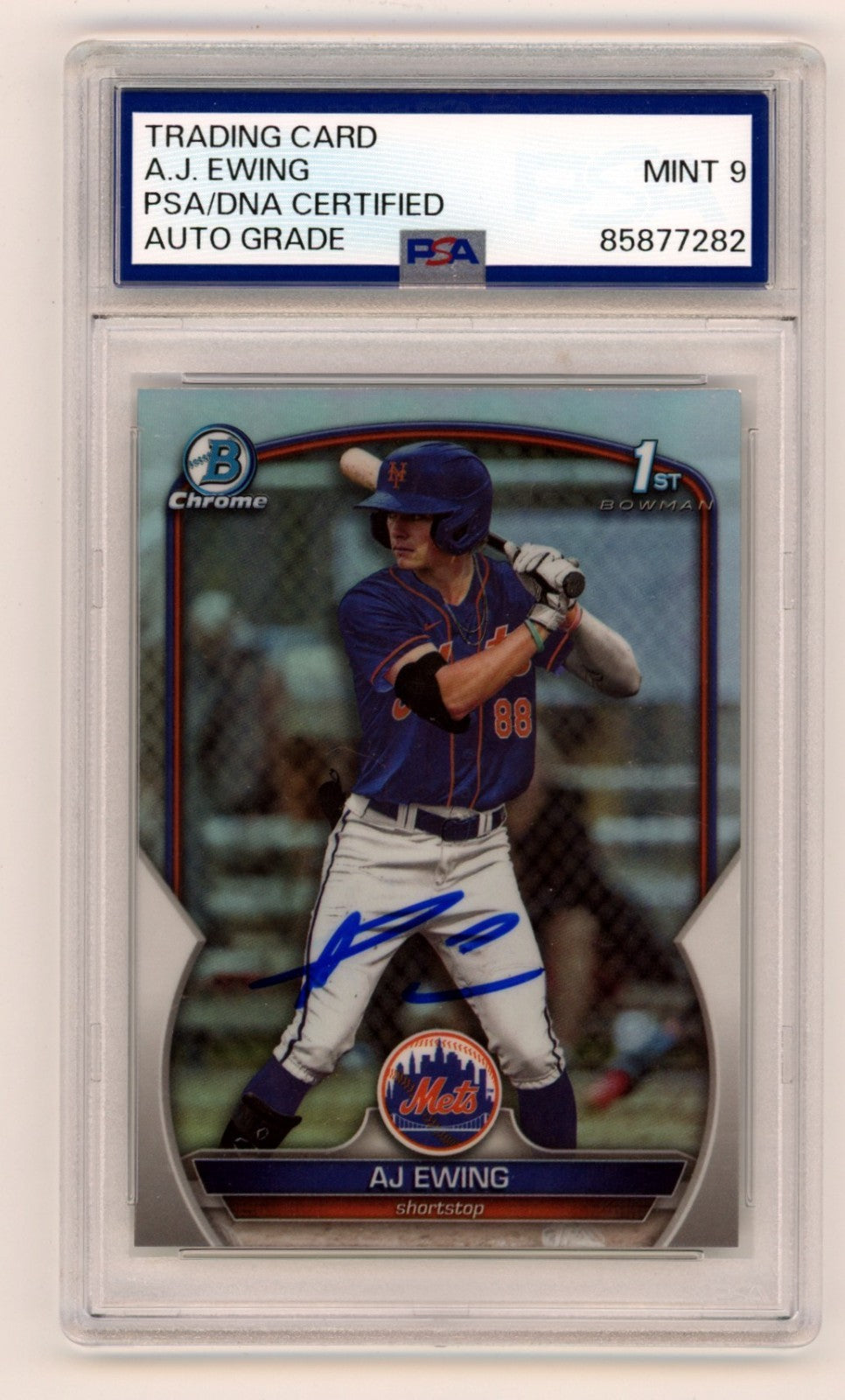 AJ Ewing 2023 Bowman Chrome 1st Signed Autograph Refractor RC PSA 9 Auto NY Mets