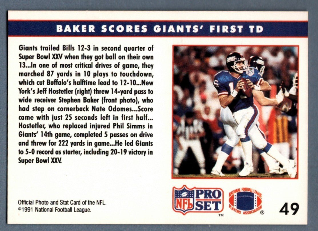 Stephen Baker Signed 1991 NFL Pro Set #49 w/ SB XXV Champs LSCM COA NY Giants