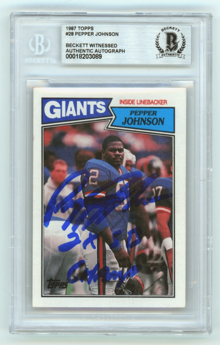 Pepper Johnson 1987 Topps 28 Signed RC w/ 2 SB Champ Insc. Beckett BGS BAS Auto