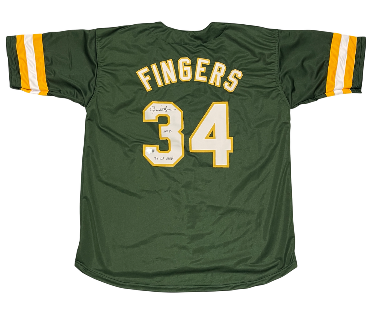 Rollie Fingers Signed Oakland Custom Jersey w/ 2 Insc Beckett Witness BAS COA