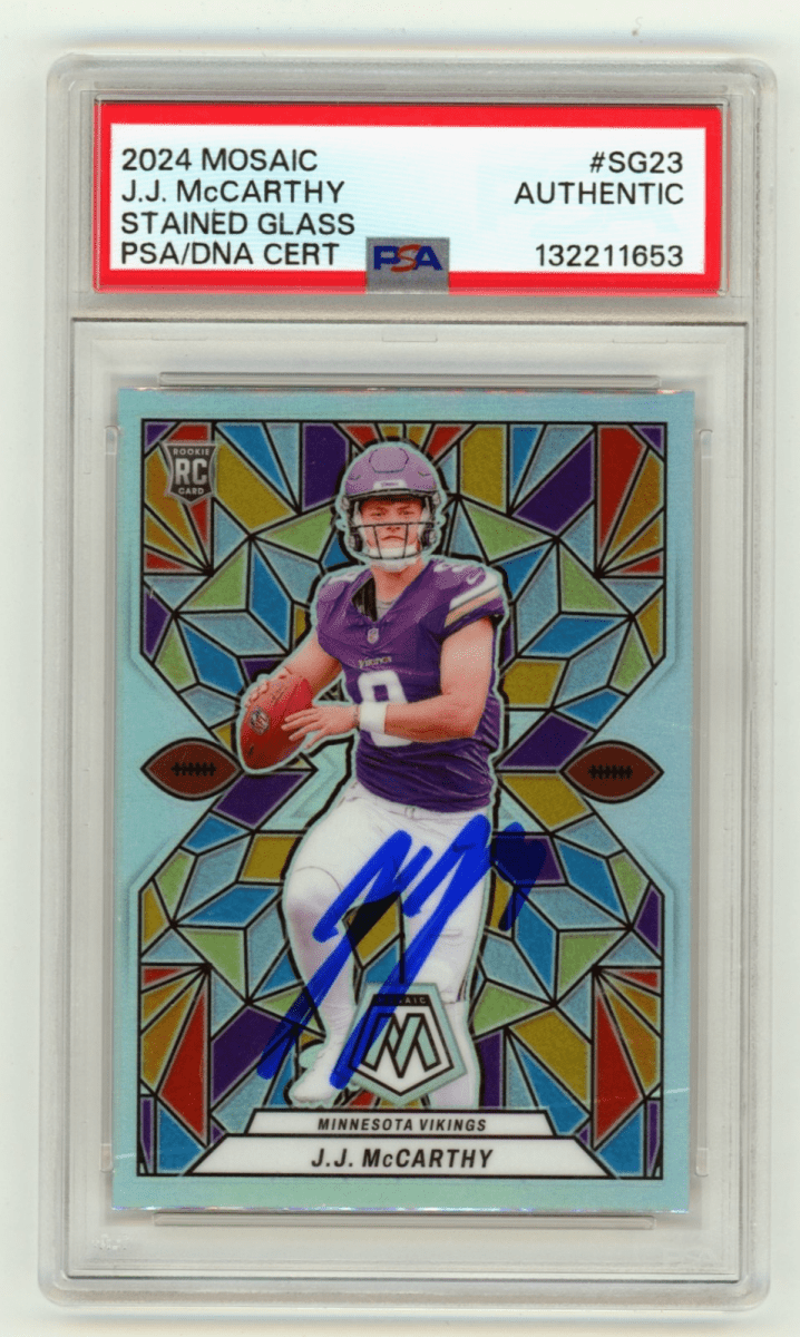 J.J. McCarthy 2024 Panini Mosaic Stained Glass Prizm Auto Case Hit RC PSA Auto