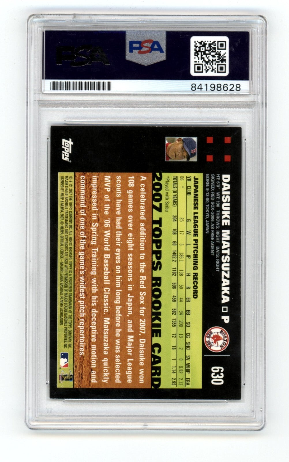 Daisuke Matsuzaka 2007 Topps 630 Japanese Variation RC Signed PSA Authentic Auto
