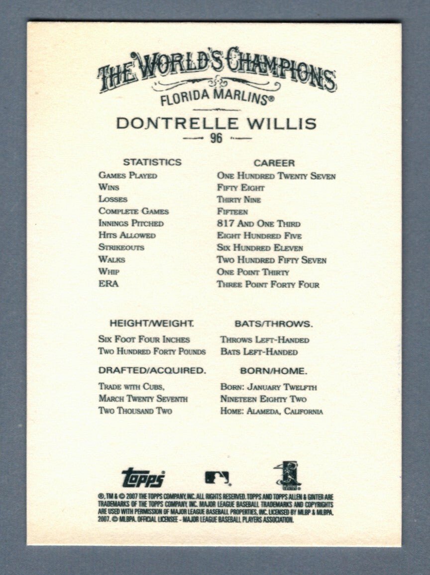 Dontrelle Willis Signed 2007 Topps Allen & Ginter #96 LSCM COA Florida Marlins
