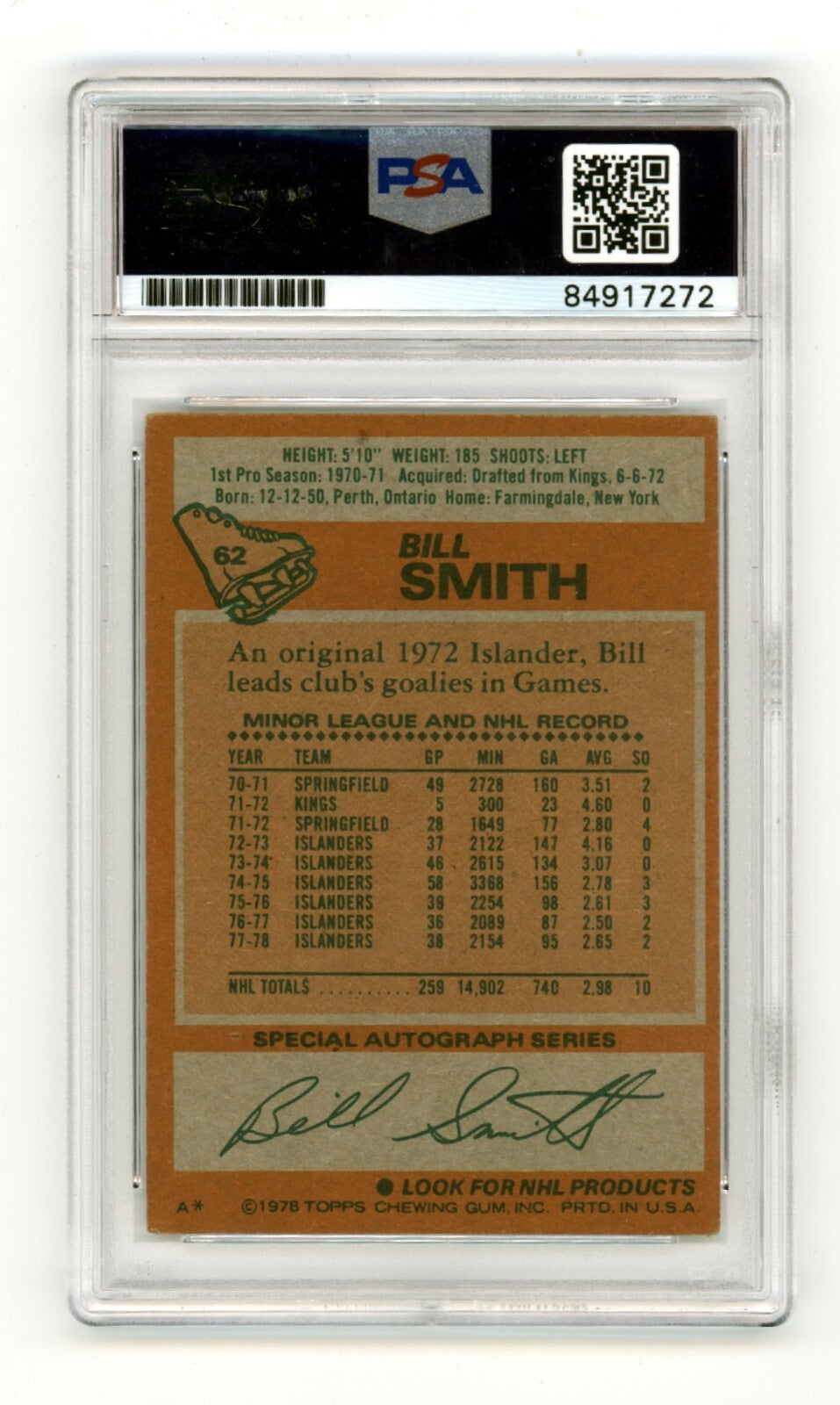 Billy Smith 1978-79 Topps #62 Signed PSA Authentic Blue Auto Islanders HOF