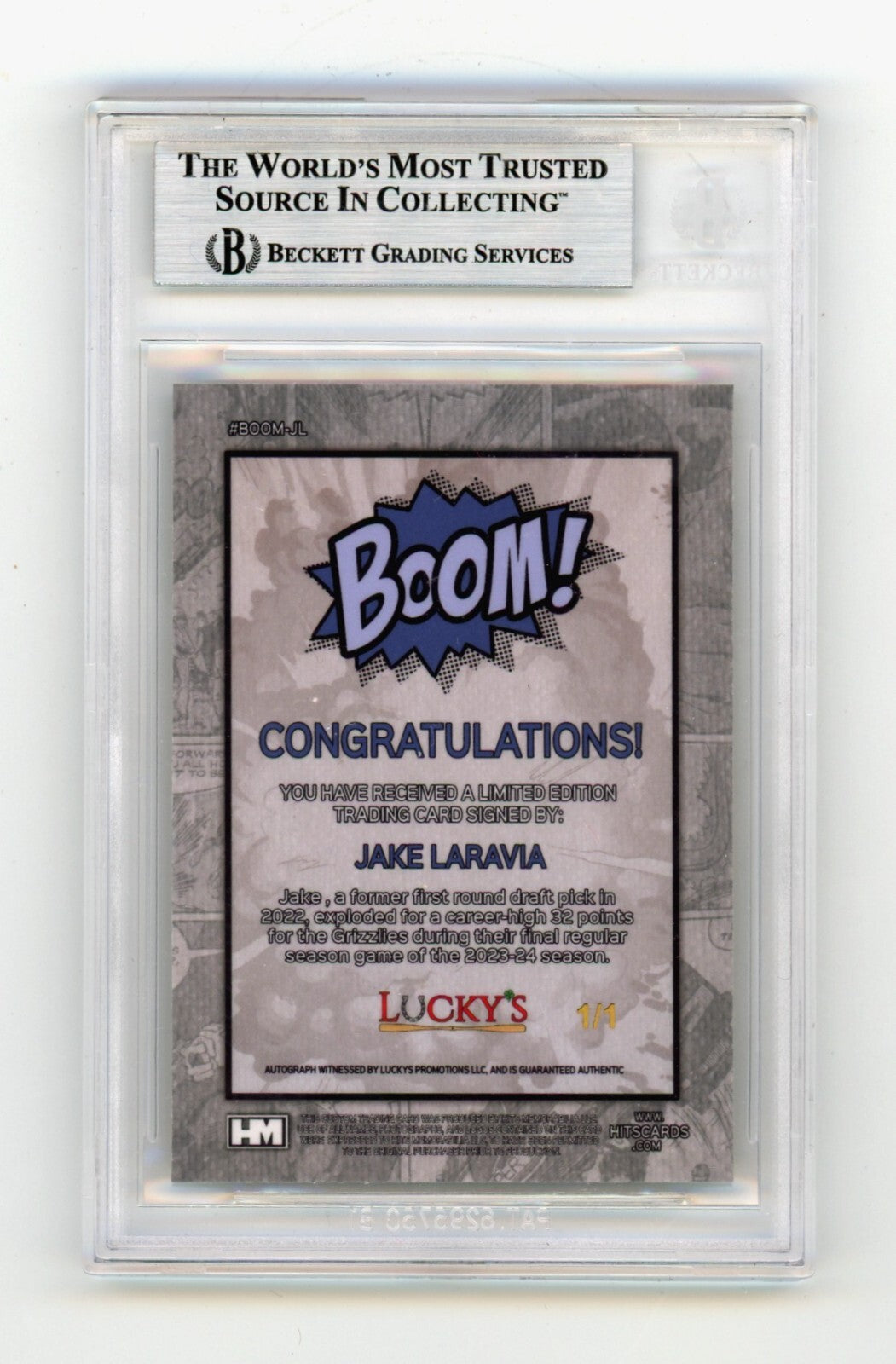 Jake LaRavia 2024 Hits Memorabilia BOOM Super 1/1 Signed BGS BAS Auto Memphis