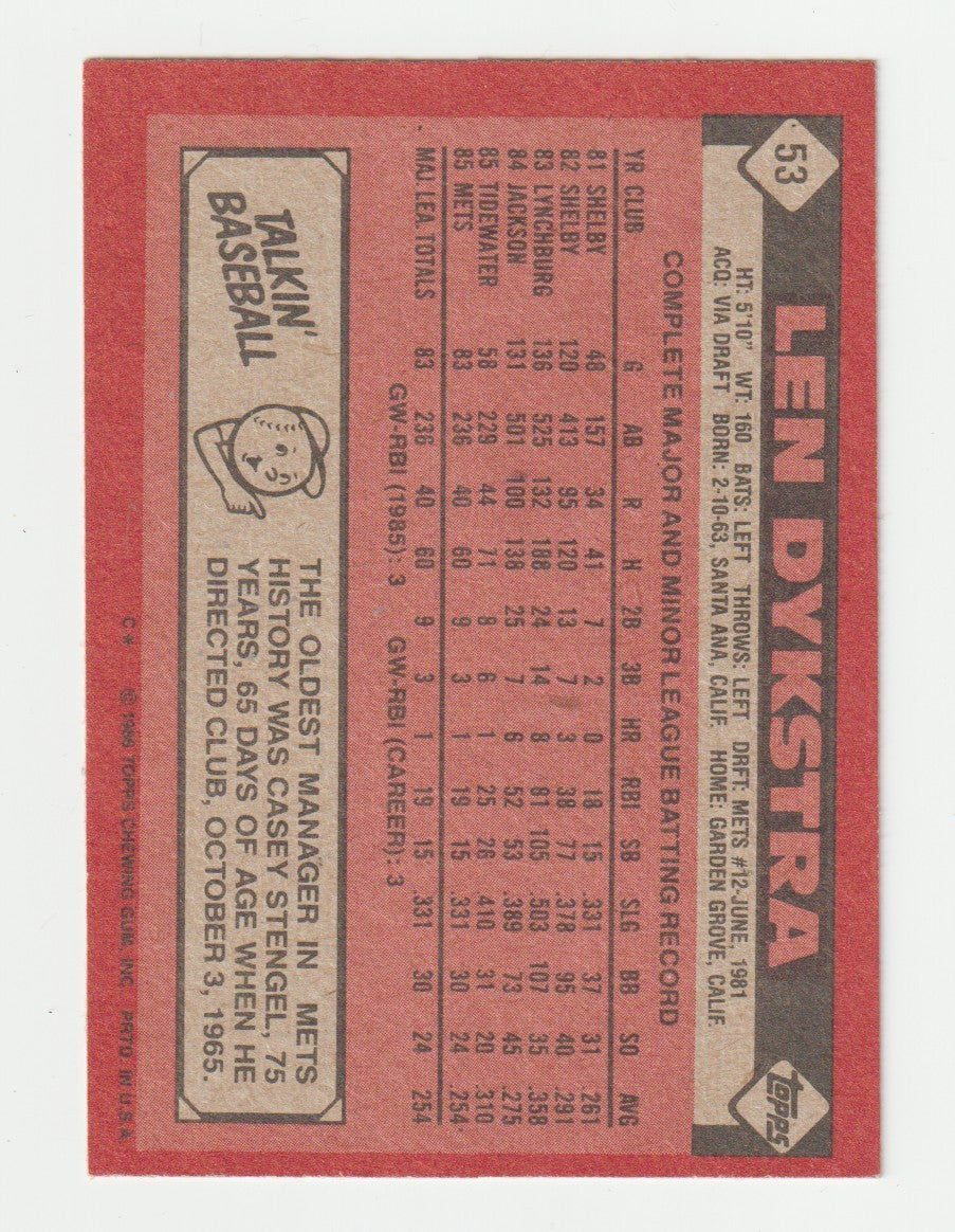 Lenny Dykstra Signed 1986 Topps Baseball #53 Rookie RC LSCM COA New York Mets