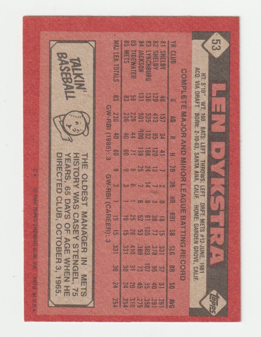 Lenny Dykstra Signed 1986 Topps Baseball #53 Rookie RC LSCM COA New York Mets