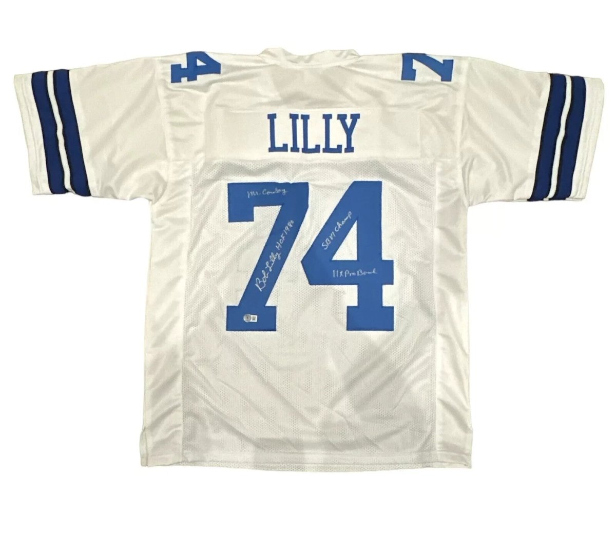 Bob Lilly Signed Dallas Cowboys White Custom Jersey w/ 4 Ins Beckett Wit BAS COA