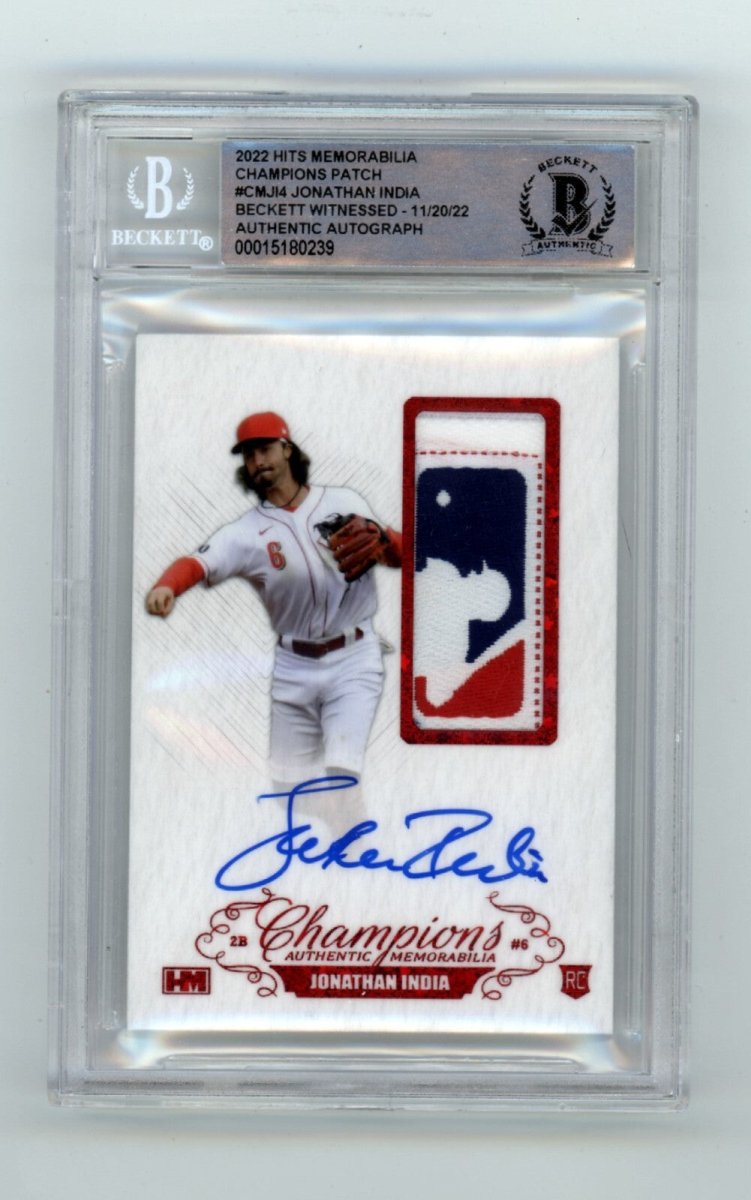 Jonathan India 2021 Hits Memorabilia Champions Red Logoman Tag Patch Auto RC 1/3