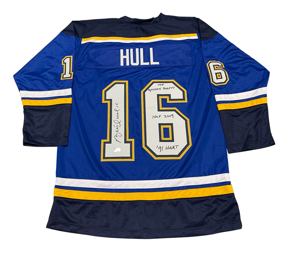 Brett Hull Signed Auto Blues Custom Jersey w/ 3 Insc Beckett Witness BAS COA