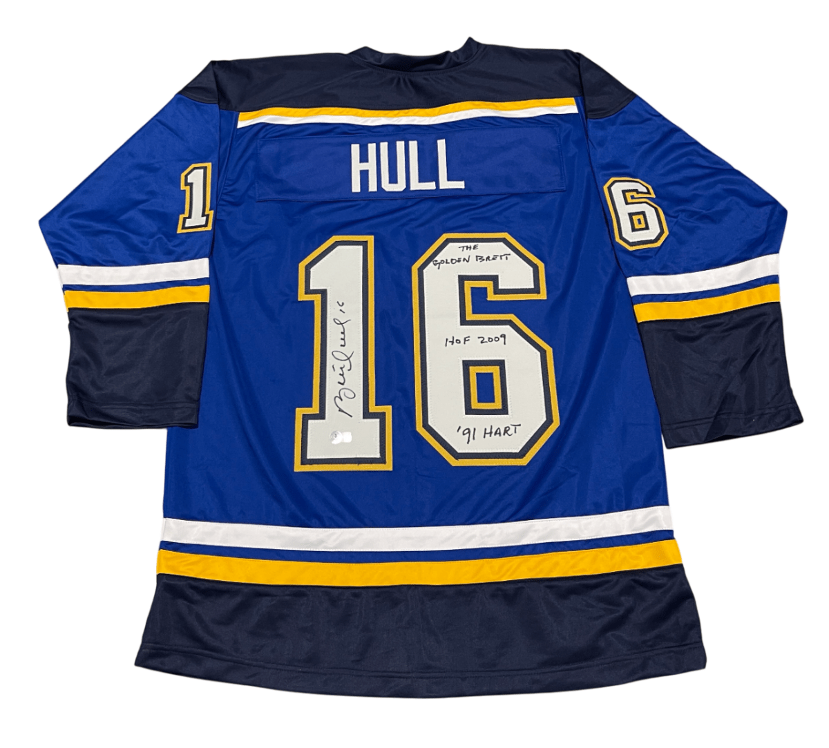 Brett Hull Signed Auto Blues Custom Jersey w/ 3 Insc Beckett Witness BAS COA