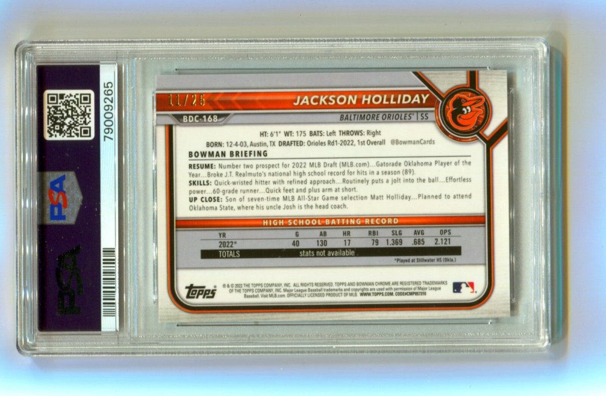 Jackson Holliday 2022 Bowman Chrome 1st Orange Refractor #/25 Signed PSA 10 Auto