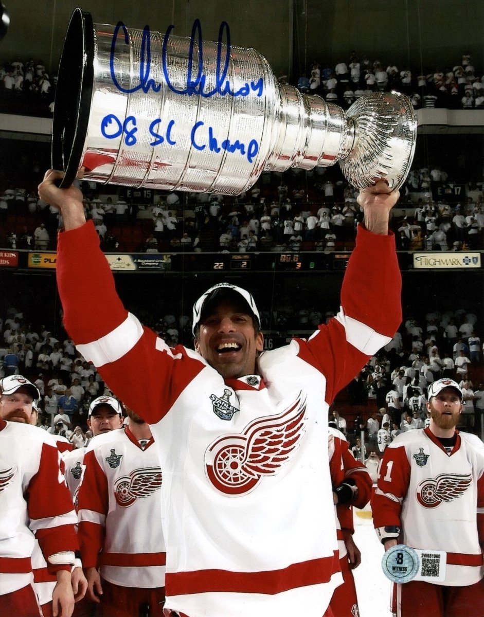 Chris Chelios Signed Red Wings 8x10 Photo w/ 08 SC Champs Beckett Wit BAS COA