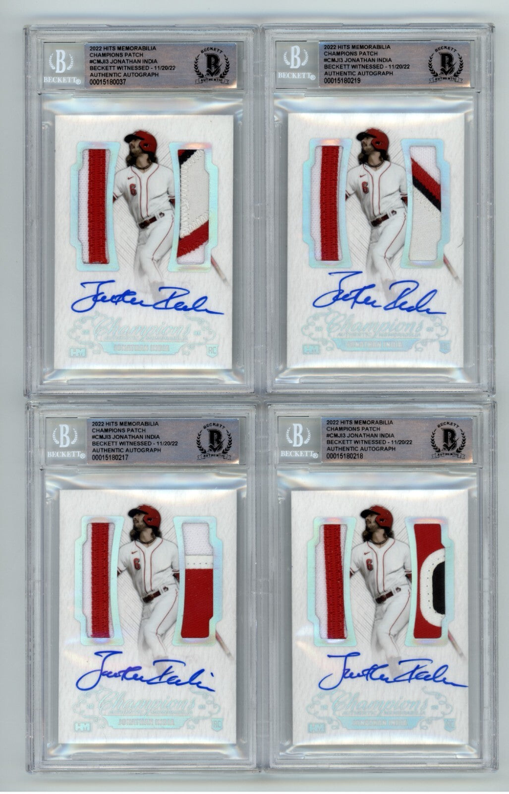 Jonathan India 2021 Hits Memorabilia Champions Patch Dual Auto RC #/6 BGS BAS