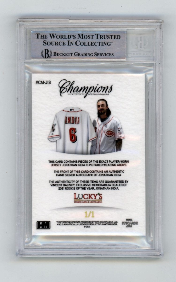 Jonathan India 2021 Hits Memorabilia Champions Gold Patch Dual Auto 1/1 RC BGS V