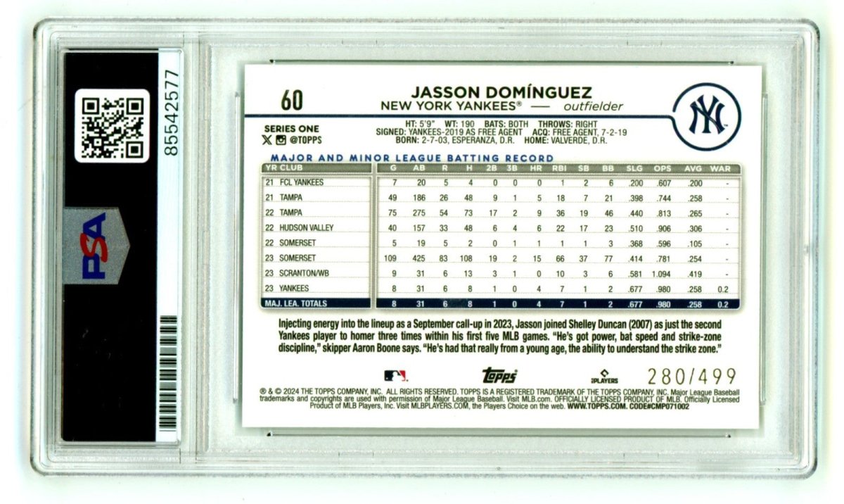 Jasson Dominguez 2024 Topps #60 Green Foilboard RC /499 PSA Authentic Auto