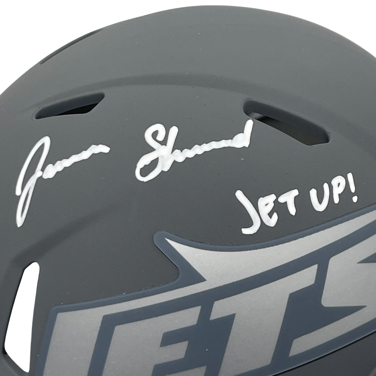 Jamien Sherwood Signed Jets Slate Mini Helmet w/ Jet Up! Beckett Witness BAS COA