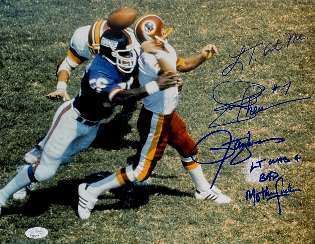 Lawrence Taylor &amp; Joe Theismann Signed 11x14 Photo LT Got Me &amp; Bad MFer JSA COA