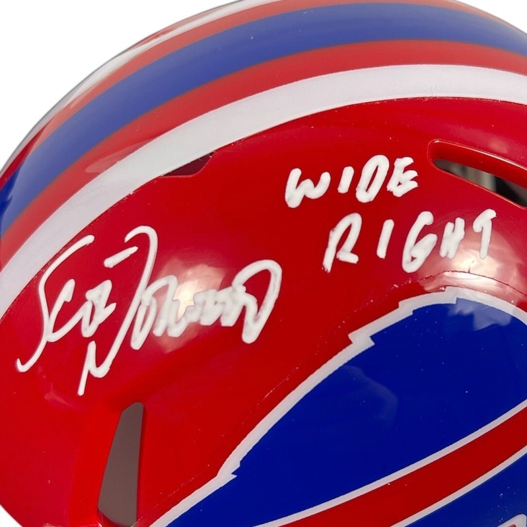 Scott Norwood Signed Bills TB Mini Helmet w/ Wide Right Beckett Wit BAS COA