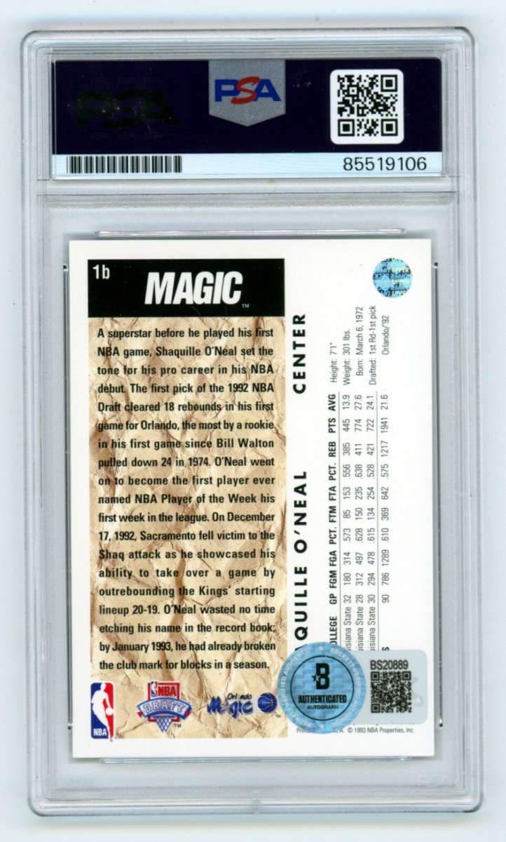 Shaquille O'Neal 1992-93 UD NBA Draft 1B Rookie RC Signed PSA Auth Auto BAS Shaq