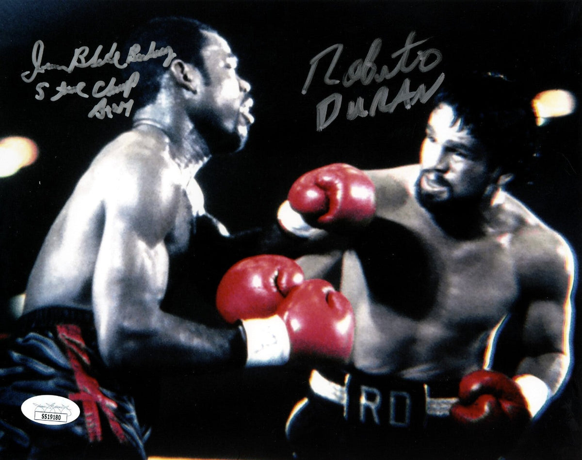 Iran Barkley &amp; Roberto Duran Dual Signed 8x10 Boxing Photo w/ Insc JSA COA
