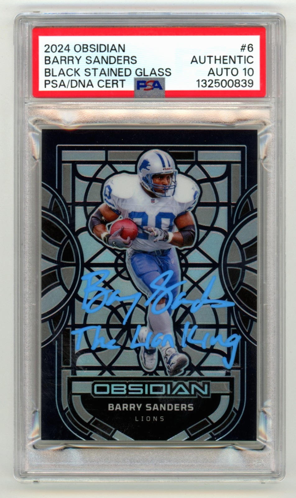 Barry Sanders 2024 Obsidian Black Stained Glass SP Signed PSA 10 Auto Lion King