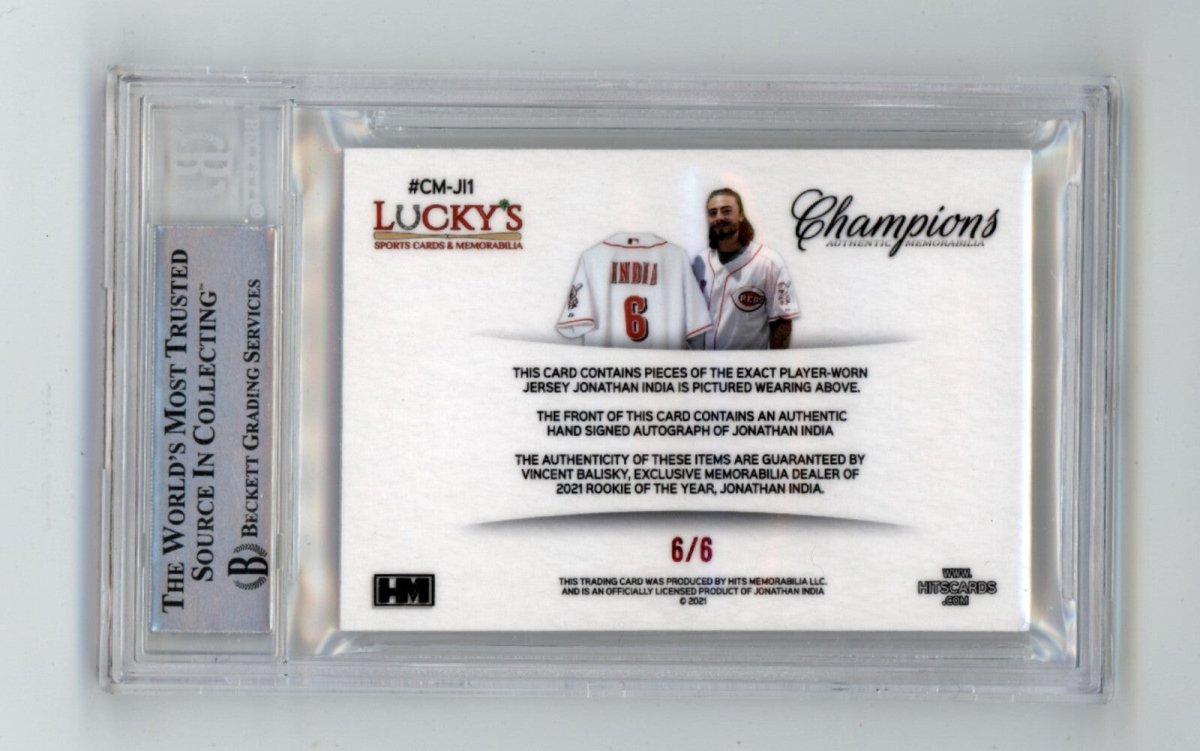 Jonathan India 2021 Hits Memorabilia Champions Red Prime Button Auto RC #6/6 BGS