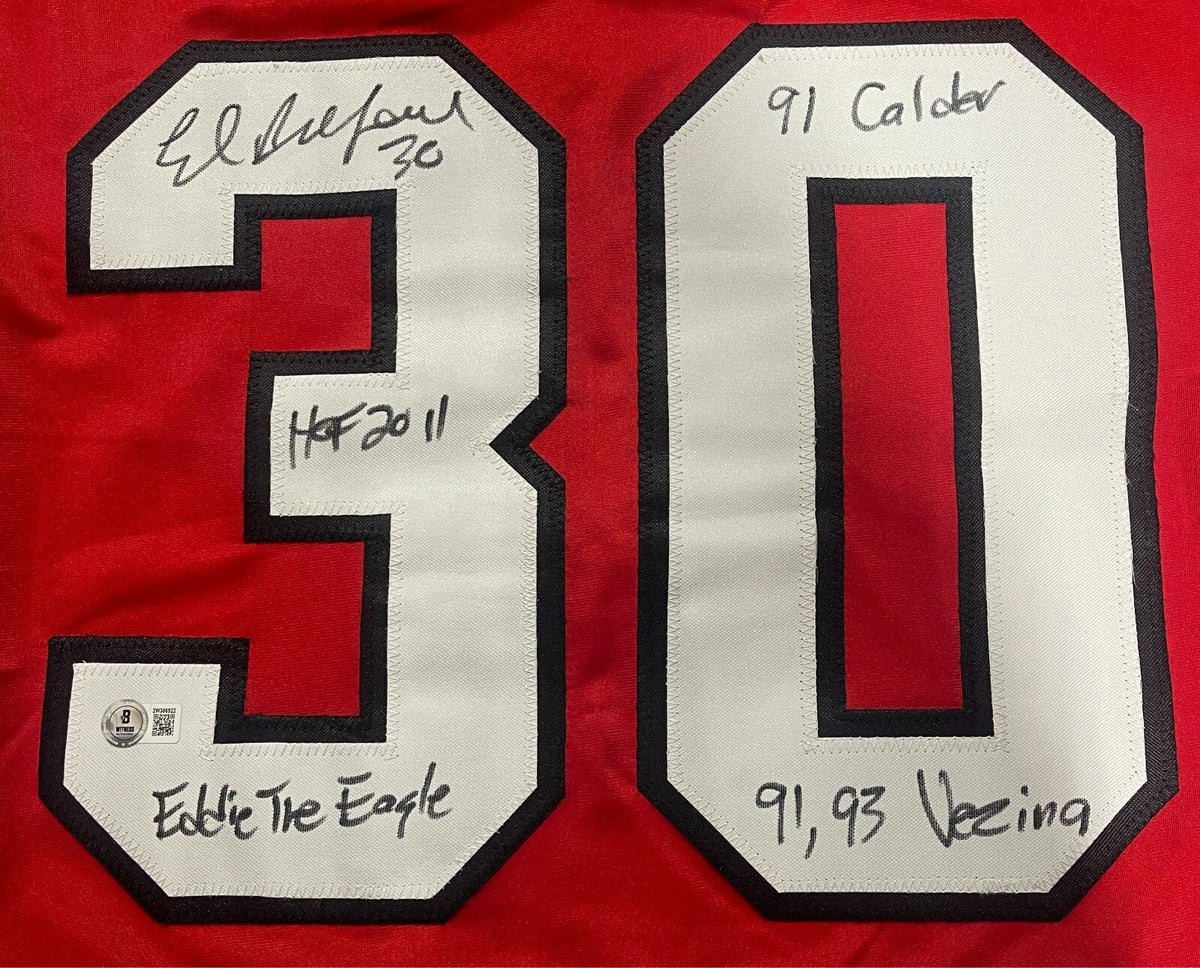 Ed Belfour Signed Chicago Blackhawks Custom Jersey w/ 4 Insc Beckett Wit BAS COA