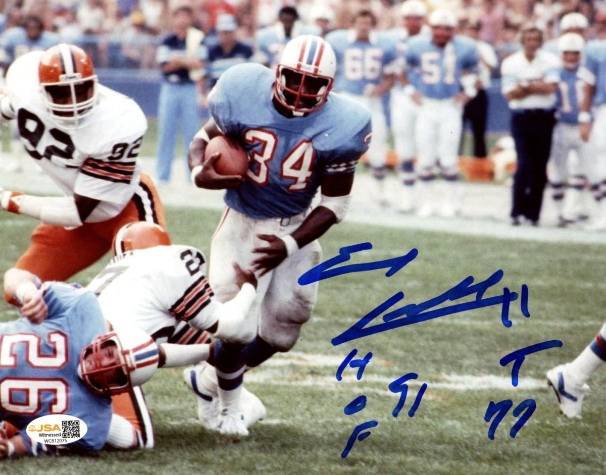 Earl Campbell Signed Houston Oilers 8x10 Photo w/ HOF + HT Insc. JSA Wit COA #3