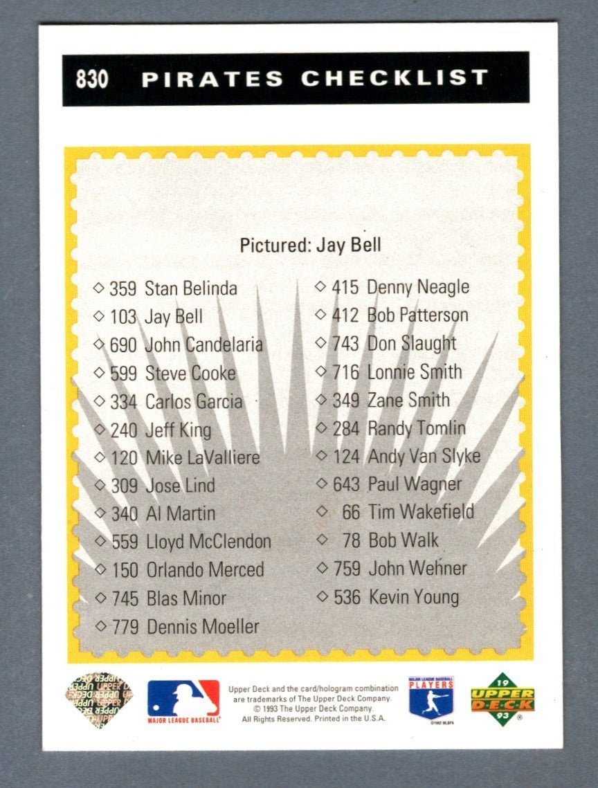Jay Bell Signed Autographed 1993 Upper Deck #830 LSCM COA Pittsburgh Pirates