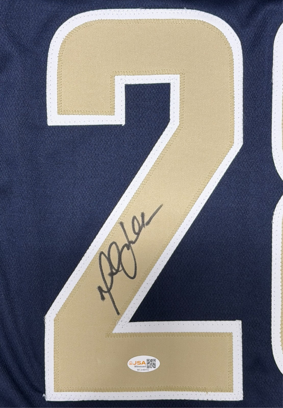 Marshall Faulk Signed St. Louis Rams Custom Navy Jersey JSA Witness COA