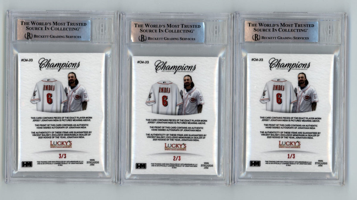 Jonathan India 2021 Hits Memorabilia Champions Red Patch Dual Auto RC /3 BGS BAS