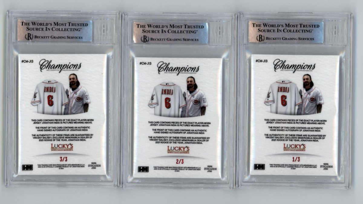 Jonathan India 2021 Hits Memorabilia Champions Red Patch Dual Auto RC /3 BGS BAS