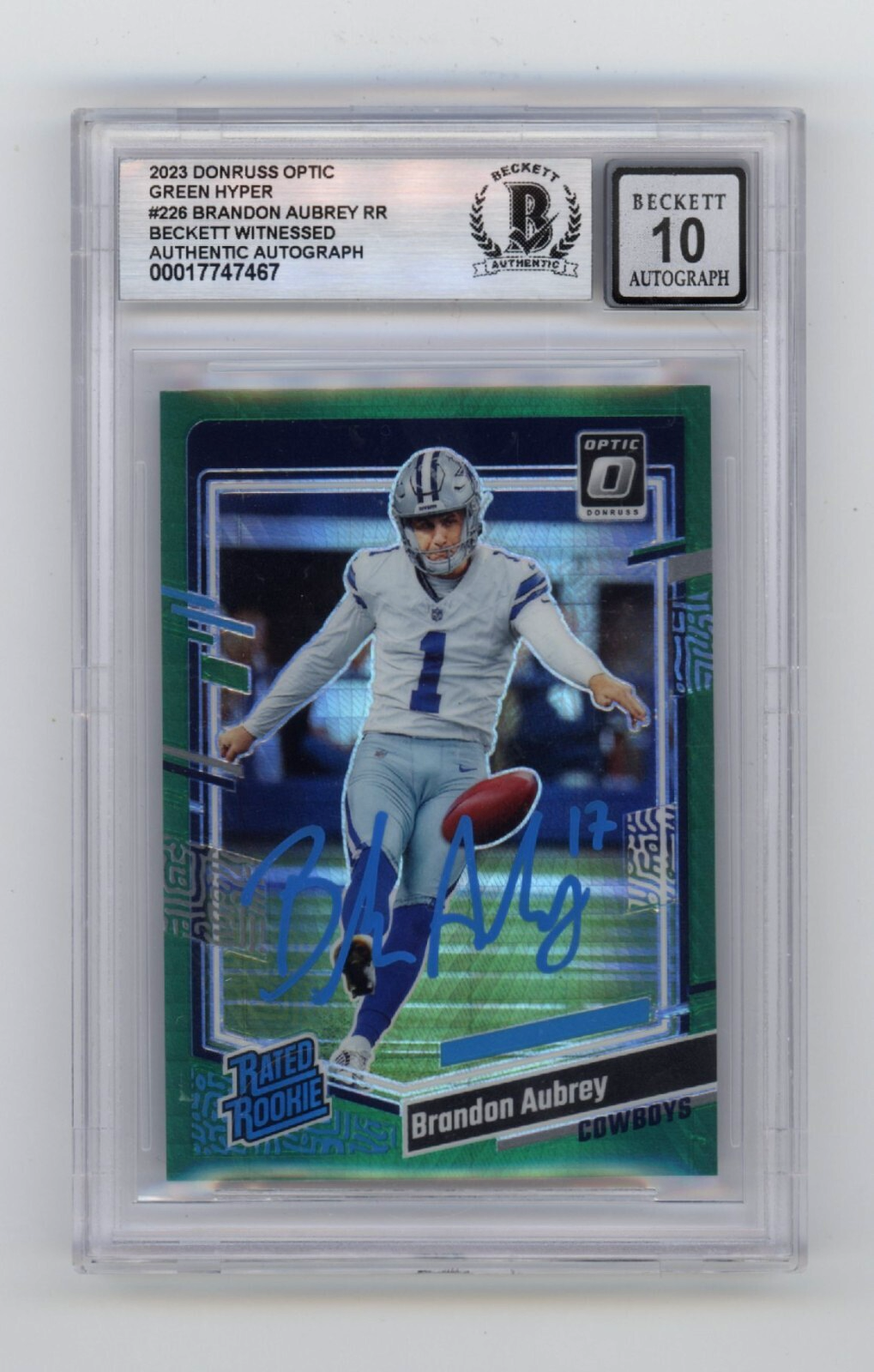 Brandon Aubrey 2023 Donruss Optic Green Hyper #226 RC Signed Beckett BGS 10 Auto